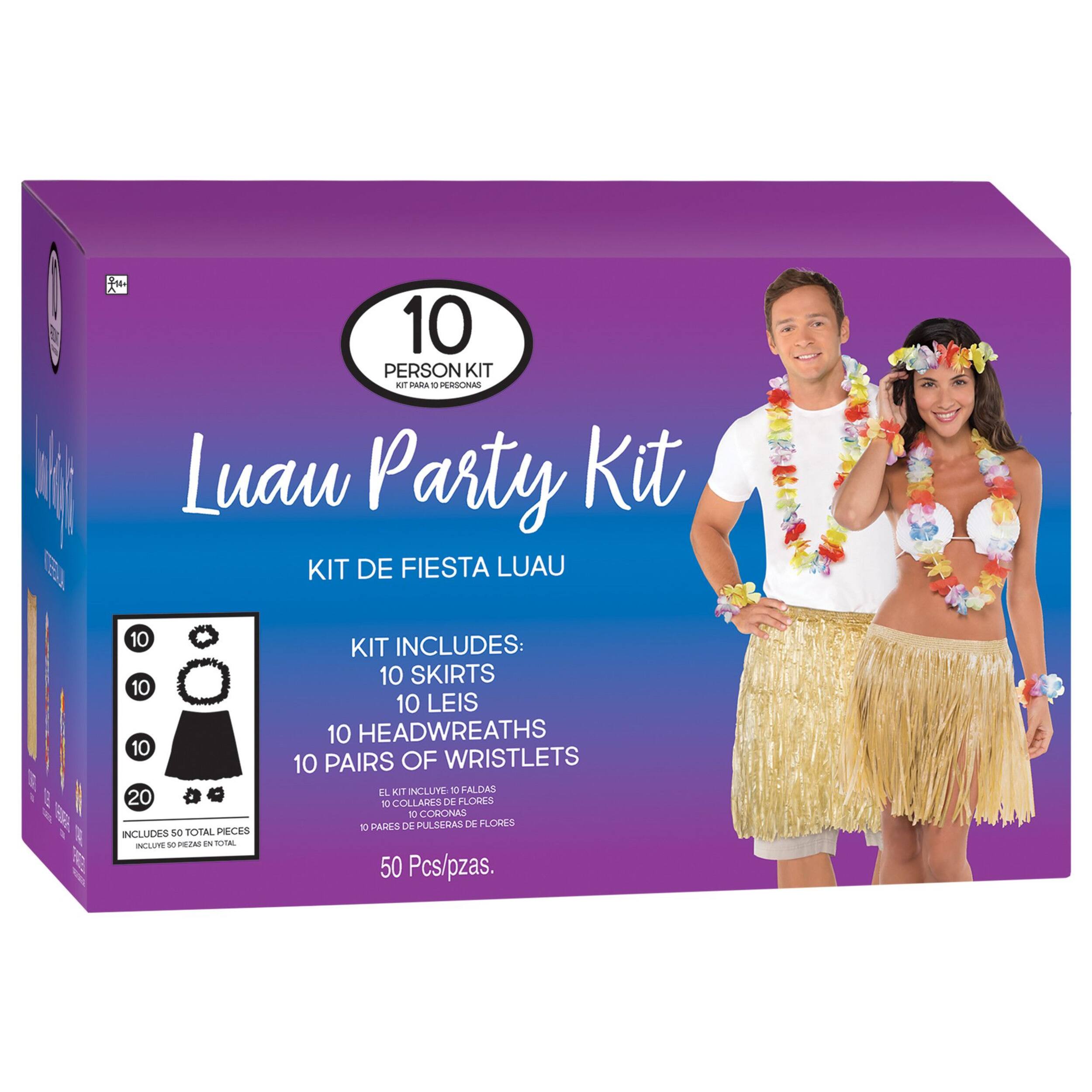 Adult Luau Party Kit with Skirts, Leis, Headwreaths & Wristlets, Tan/Multi-Coloured, One Size, 10 Person Pack, for Summer Party Front_Angled_Right