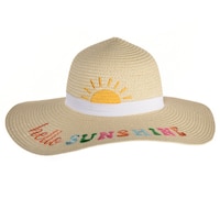Kids "Hello Sunshine" Straw Floppy Beach Hat, Tan, One Size, for Summer Party Front_Flat