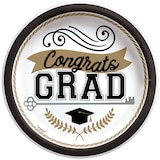 "Congrats Grad" Round Paper Disposable Lunch Plates, White/Gold, 9-in,50-pk, for Graduation Overhead_Flat