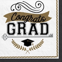 "Congrats Grad!" Square Paper Disposable Beverage Napkins, White/Gold, 5-in, 100-pk, 2-ply, for Graduation