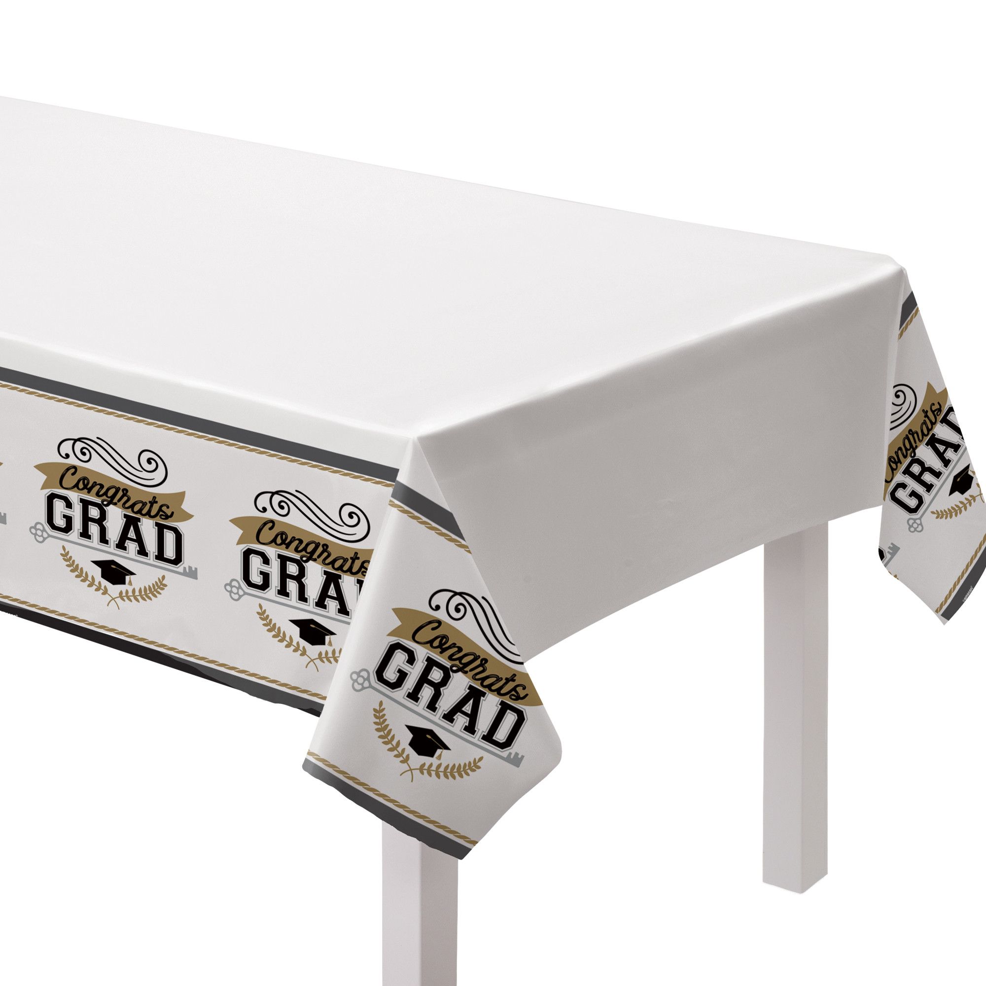 "Congrats Grad" Rectangle Plastic Reusable Table Cover, Black/Gold, 54x84-in, for Graduation CloseUp