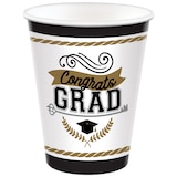 "Congrats Grad" Paper Disposable Cups, White/Gold, 9-oz, 50-pk, for Graduation Front_Elevated