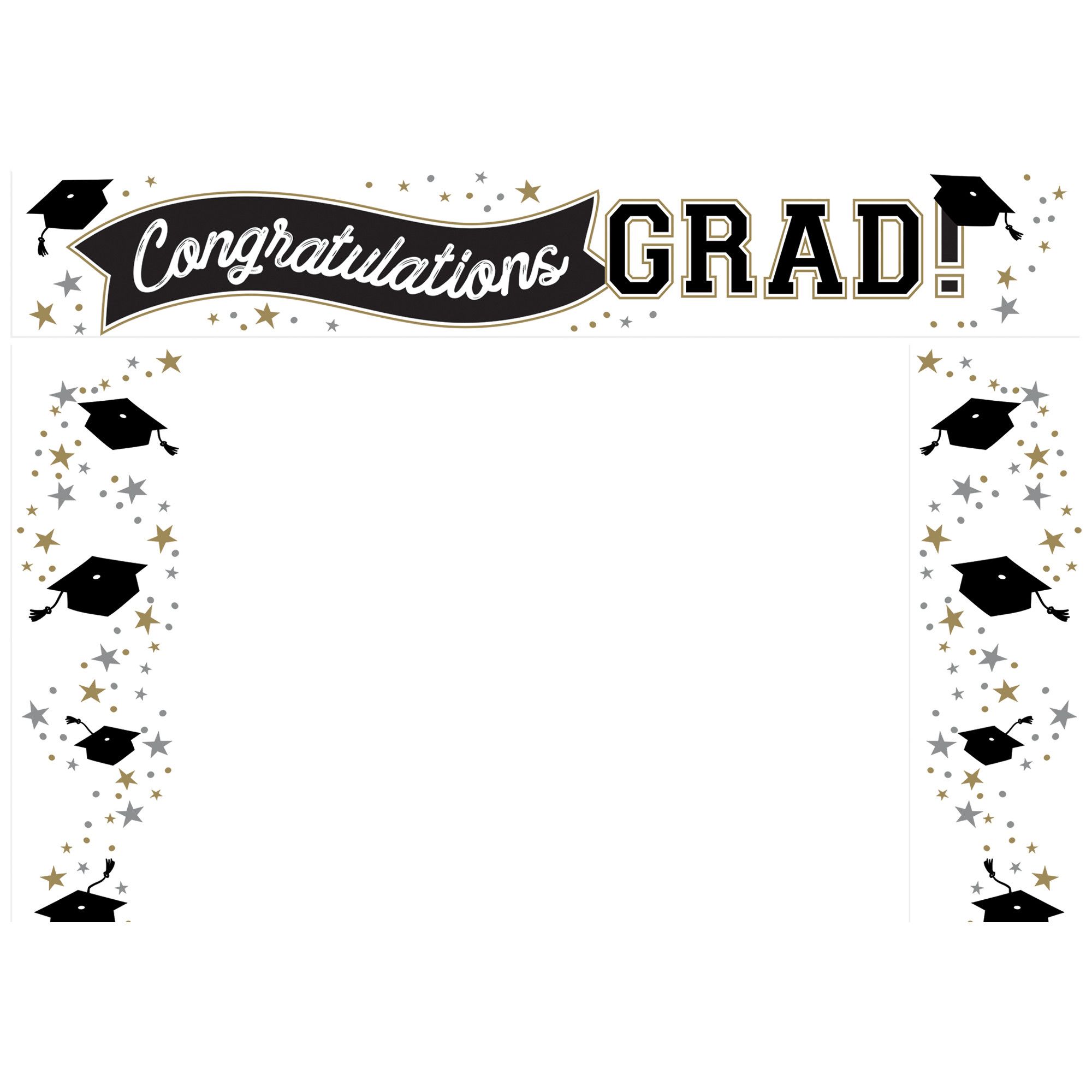"Congratulations Grad" Plastic Frame Scene Setter Background Decoration, Black/Gold/Silver, 12-in, for Graduation Front_Flat