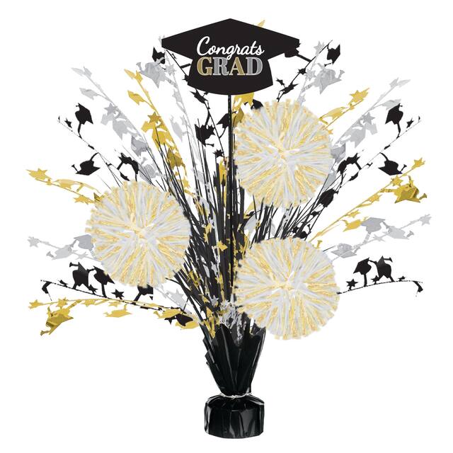"Congrats Grad" Metallic Tinsel Spray Burst Centerpiece Table Decoration, Gold/Silver/Black, 18-in, for Graduation Front_Elevated