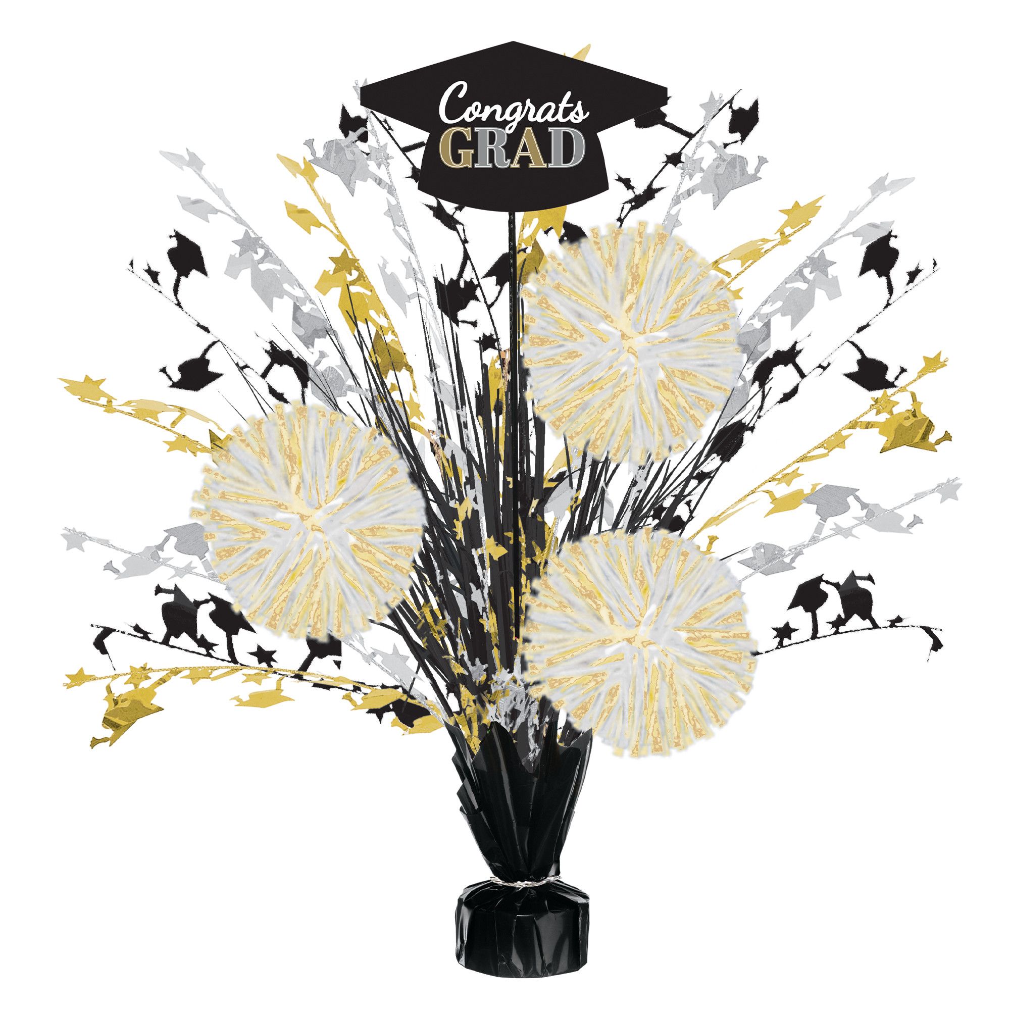"Congrats Grad" Metallic Tinsel Spray Burst Centerpiece Table Decoration, Gold/Silver/Black, 18-in, for Graduation Front_Elevated