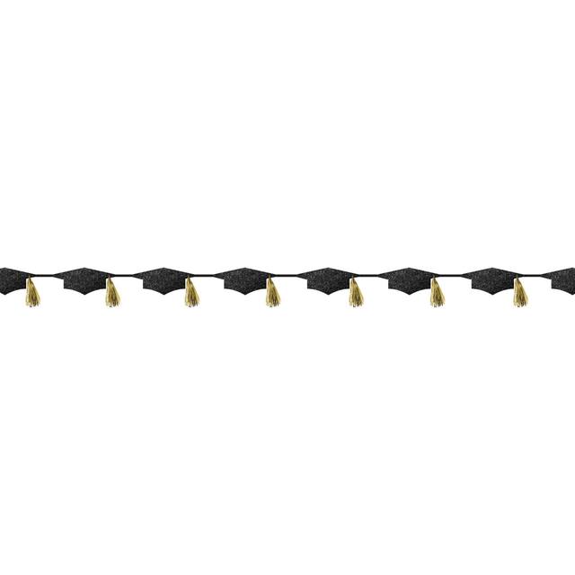 Grad Cap Hanging Garland Banner Decoration, Black/Gold, 12-in, for Graduation Front_Flat