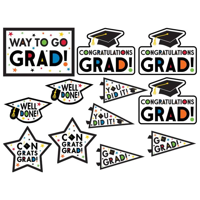 "Way to go Grad" Table & Wall Cutout Decorations, Multi-Coloured, 14-in, 12-pk, for Graduation Front_Flat