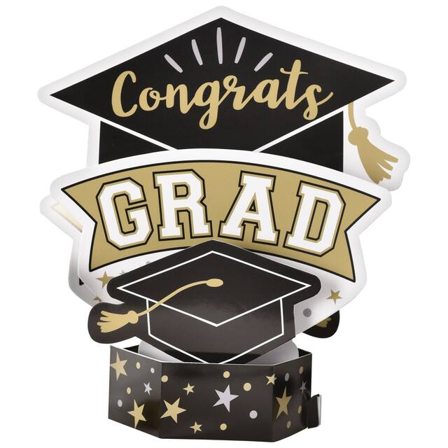 "Congrats Grad" Sign Table Centerpiece Decoration, Black/Gold, 14-in, for Graduation Front_Flat