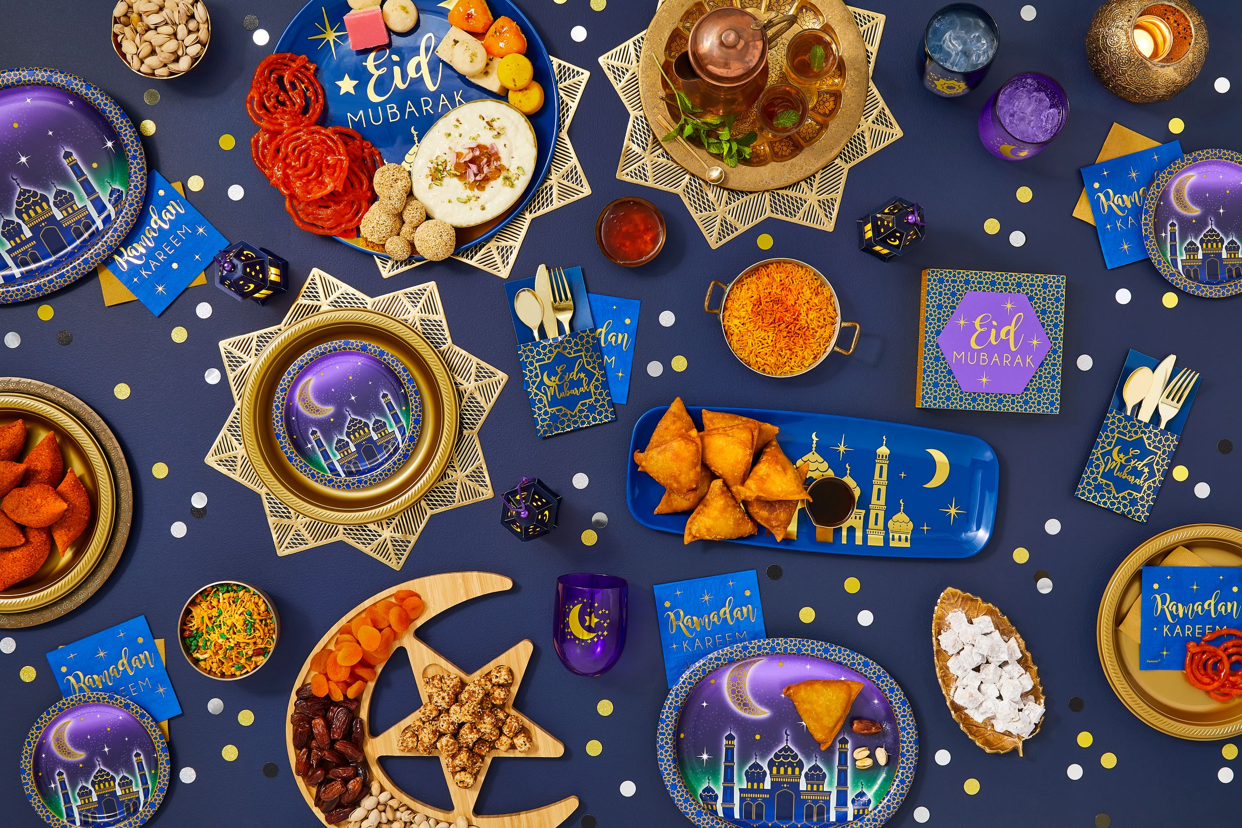 LED Light-Up Lantern Hanging Decoration, with Batteries, Blue/Gold, Moon & Stars, 5-in, for Eid/Ramadan Overhead_Flat