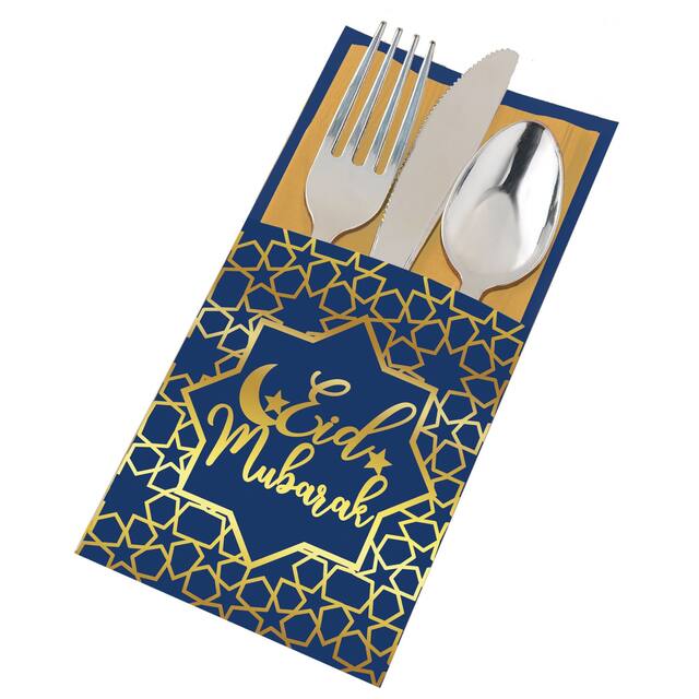 "Eid Mubarak" Fabric Reusable Cutlery Holders, Blue/Gold, 7.5-in, 12-pk, for Religious Party/Eid Mubarak/Ramadan Overhead_Plunge