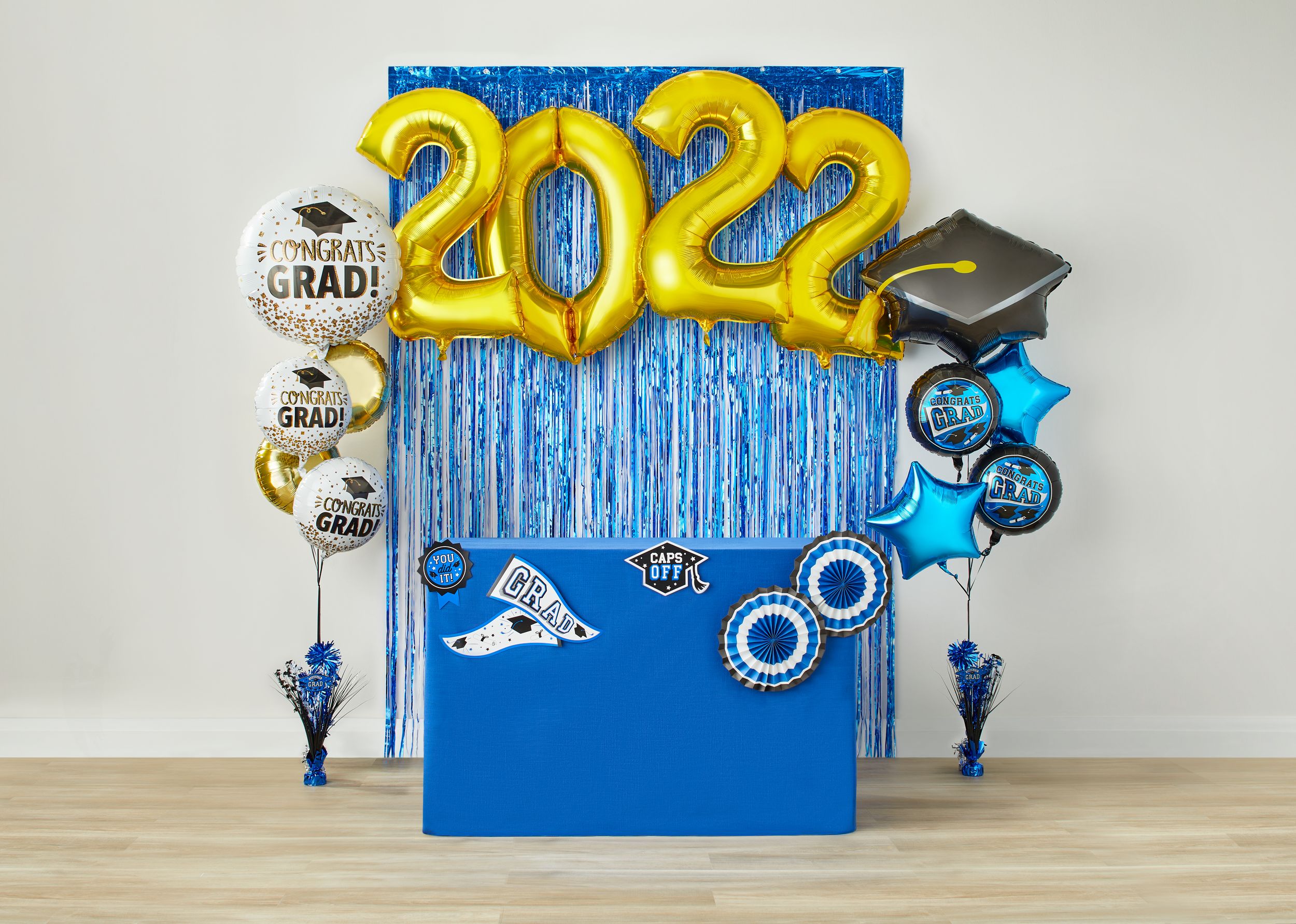 "Congrats Grad" Metallic Tinsel Spray Burst Centerpiece Table Decoration, Blue, 18-in, for Graduation Front_Flat