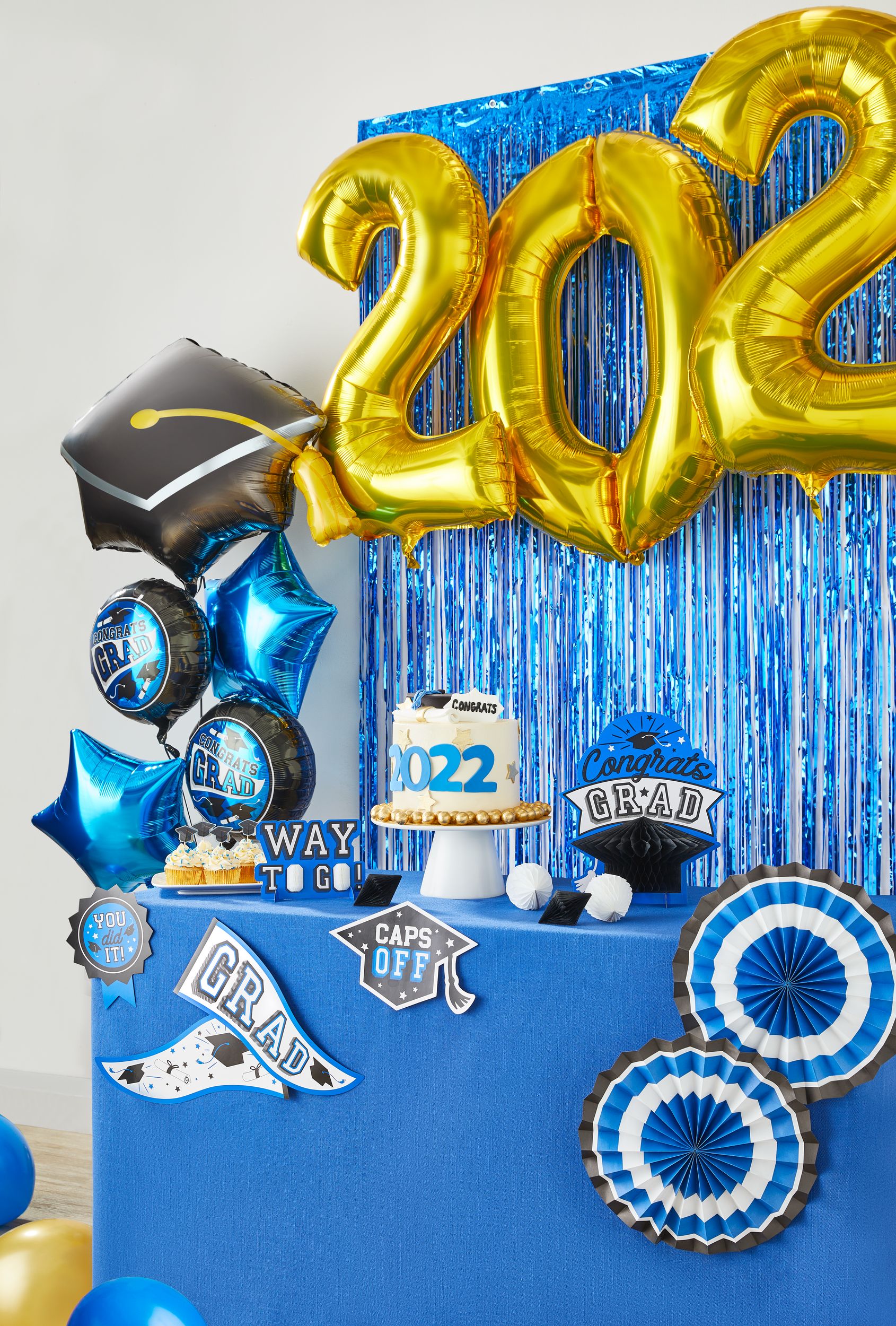 Bouquet de ballons en aluminium satiné mortier/étoile couleurs de l'école Congrats Grad, bleu/noir, 5 po, gonflement à l'hélium et ruban inclus, pour remise des diplômes Composite_or_Mixed