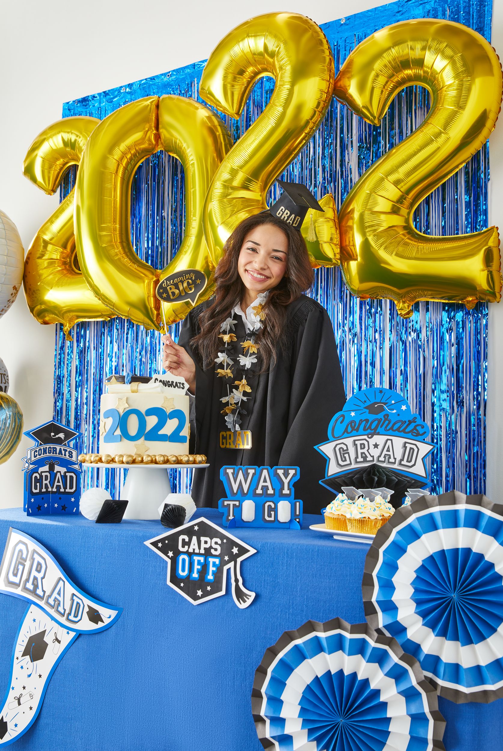 "Congrats Grad" Room & Table Centerpiece Decorating Kit, Blue, 5-in, 10-pk, for Graduation Composite_or_Mixed