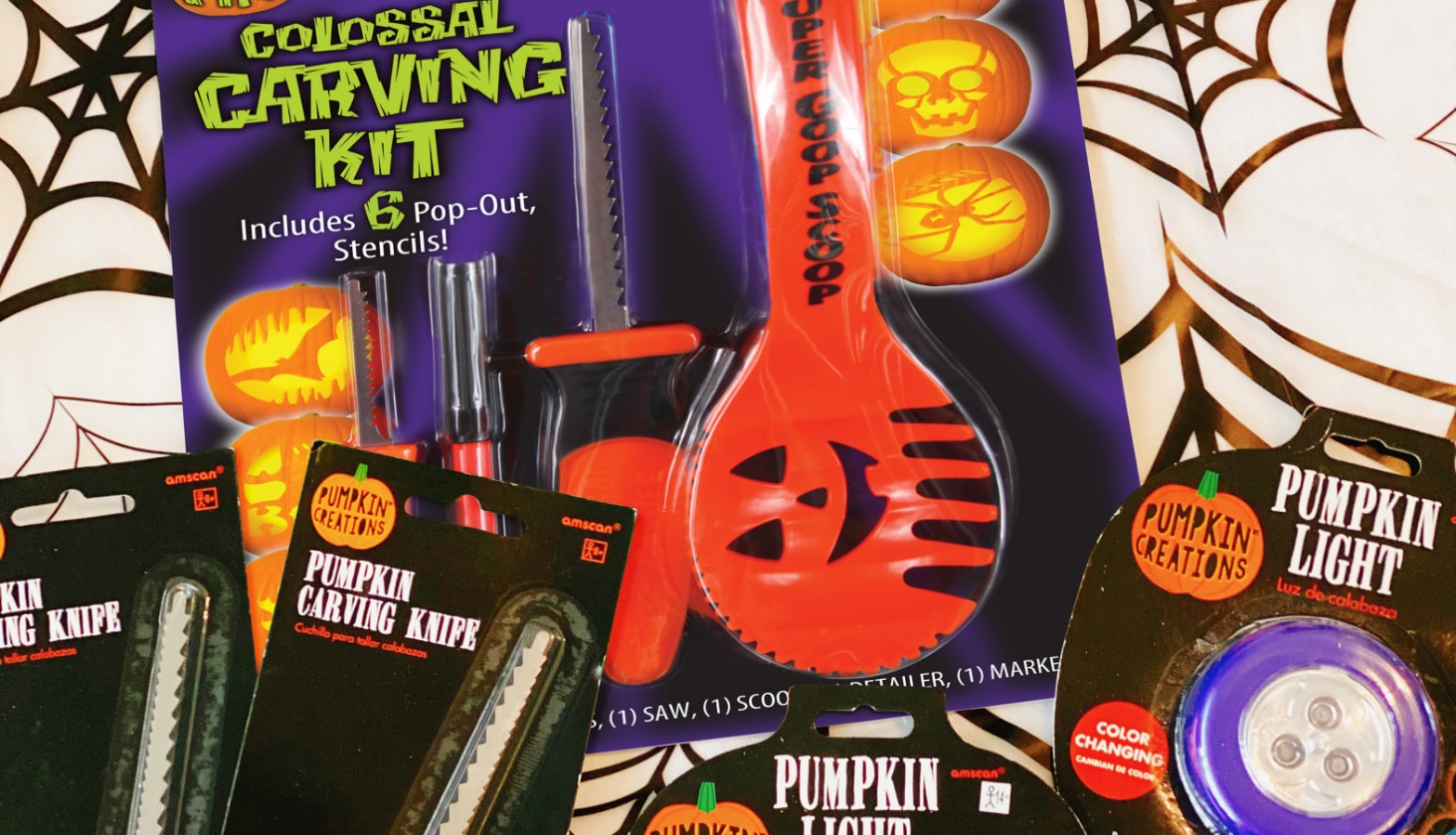 An assortment of pumpkin carving tools and decorating accessories. 
