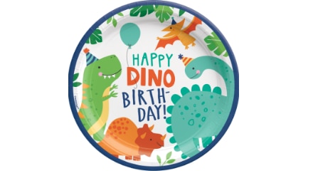 Une assiette en papier ronde pour fête d’anniversaire à thème de dinosaures Dino-Mite.