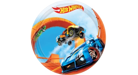 Une assiette en papier ronde Hot Wheels. 