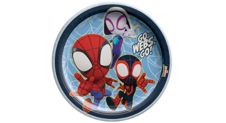 Une assiette en papier ronde Spidey de 9 pouces.