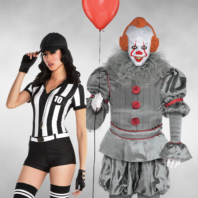 Une femme portant un costume d’arbitre et un homme portant un costume du clown Grippe-Sou.