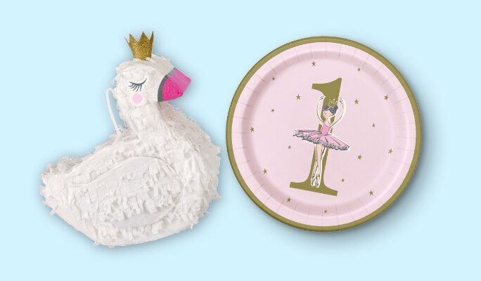 A 9-inch Unique Ballerina 1st birthday plate and a Unique Swan birthday mini pinata. 