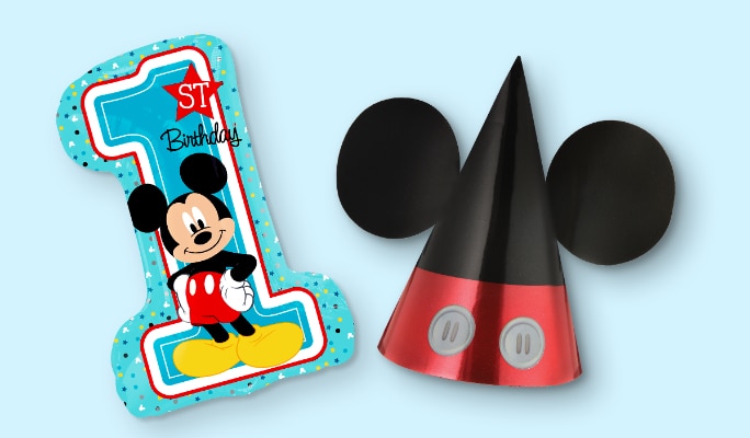 A red and black Mickey Mouse cone party hat with ears and a 28-inch Mickey Mouse 1st birthday foil balloon.