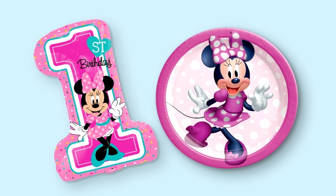 A Disney Minnie Mouse round paper plate and a 28-inch Minni Mouse 1st birthday balloon. 