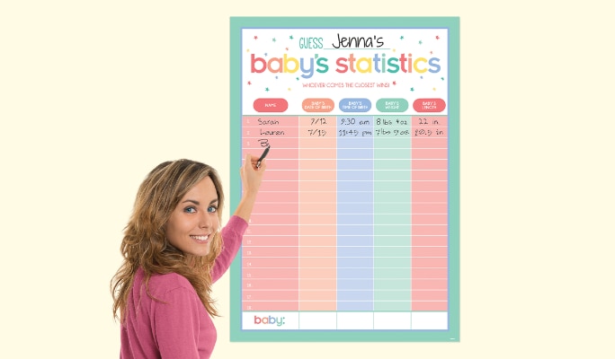 Woman playing baby statistics game.