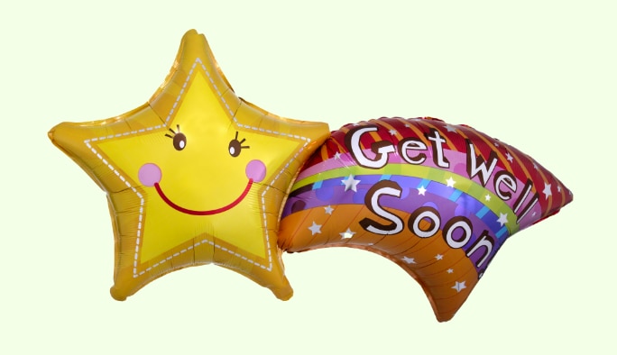 A 27-inch get well soon ballon featuring a yellow star with a smiley face and a rainbow.