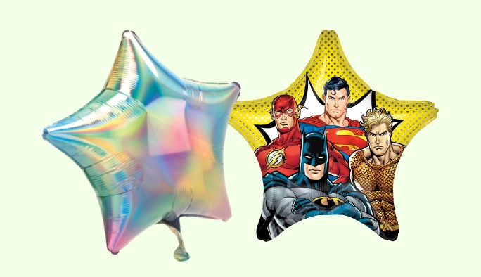 An 22-inch iridescent star balloon and a 28-inch Justice League star balloon.