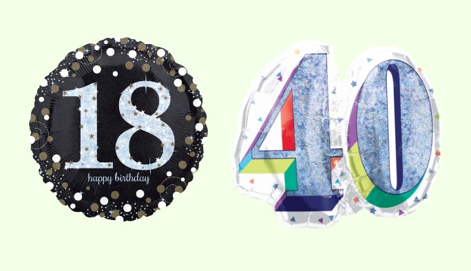 A 18-inch round 18th birthday balloon and a 26-inch prismatic rainbow 40th birthday balloon.