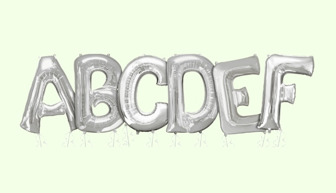 34-inch silver A, B, C, D, E, F letter balloons.