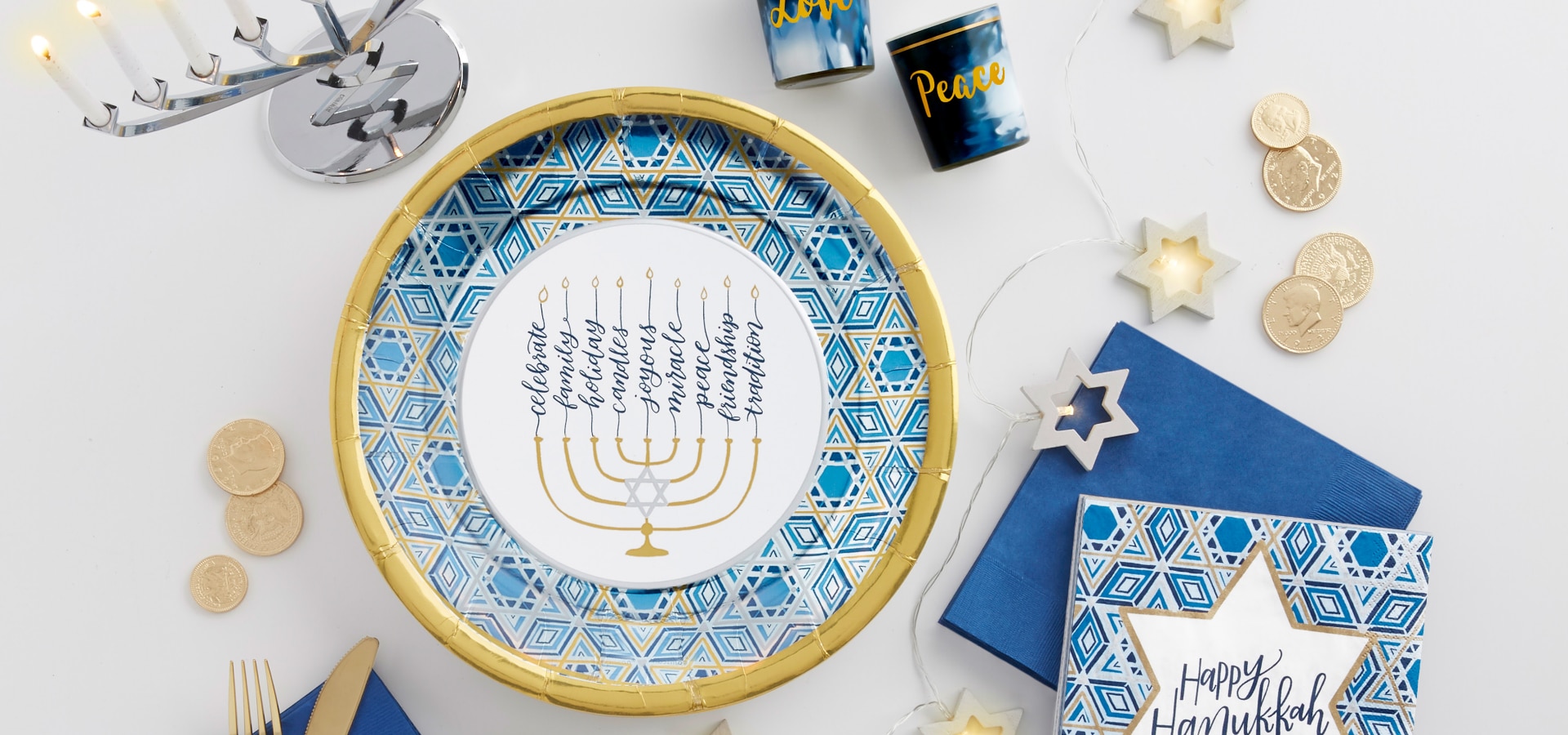 Royal blue and silver Hanukkah decorations.