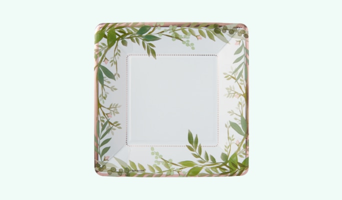 A square metallic floral greenery dessert plate.