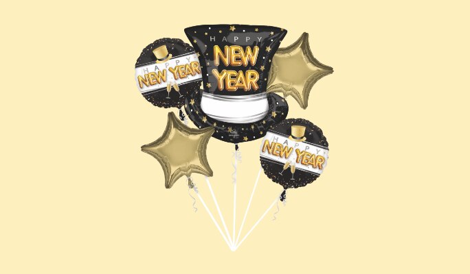 A bouquet of round, star-shaped and hat-shaped black and gold balloons with the words "HAPPY NEW YEAR". 