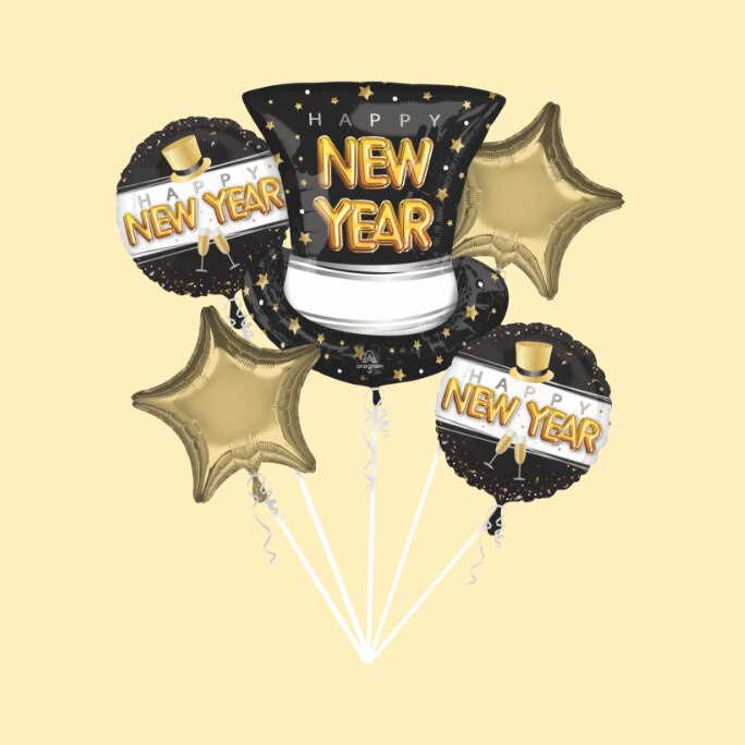 A bouquet of round, star-shaped and hat-shaped black and gold balloons with the words "HAPPY NEW YEAR". 