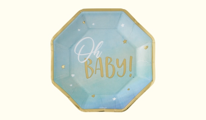 Oh Baby metallic blue and gold dinner plate.