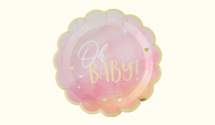 Oh Baby metallic pink and gold dinner plate.