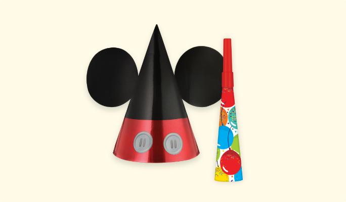 A red and black Mickey Mouse cone party hat with ears and a balloon-themed birthday celebration hat.