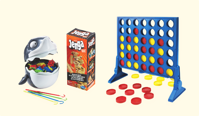 A range of party games including Jenga, Connect 4 and Gone Fishin'.