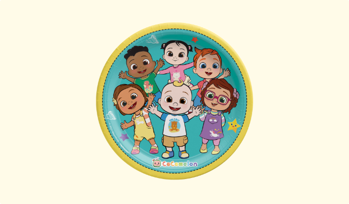 A CoComelon-themed round paper plate.