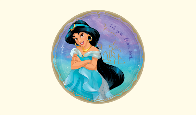 A round paper plate featuring Princess Jasmine.