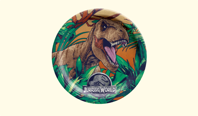 A Jurassic World-themed round paper plate.