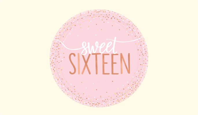 A rose gold and pink "Sweet Sixteen" round paper plate.