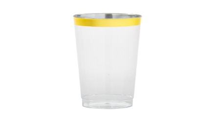 A clear cup with gold trim.