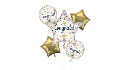 A bouquet of white and gold, round and star-shaped balloons that read 'Congrats!'