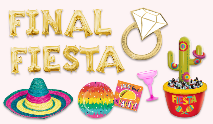 Gold letter balloons that read FINAL FIESTA, a wedding ring-shaped foil balloon, an inflatable cactus cooler, a pink magarita glass, a multi-coloured paper plate, a pink and orange napkin featuring a "Taco 'bout a party!" message and a multi-coloured sombrero straw hat. 