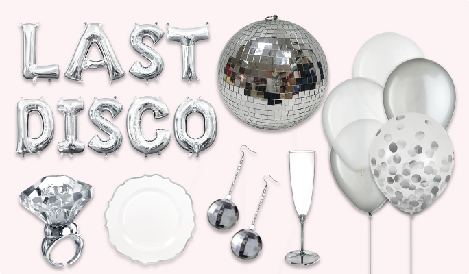 Silver letter balloons that read LAST DISCO, a silver disco ball, a bouquet of silver and white latex balloons and confetti balloons, a pair of silver disco ball earrings, a giant silver light up engagement ring, a white paper plate and a silver champagne glass. 