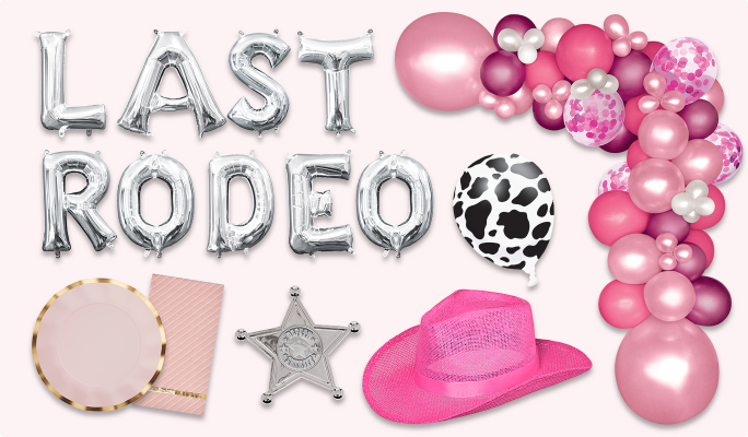 Silver letter balloons that read LAST RODEO, a pink balloon garland, a pink cowboy hat, a cowprint balloon, a silver "deputy sheriff" star badge, a set of pink and gold round paper plate and napkin.