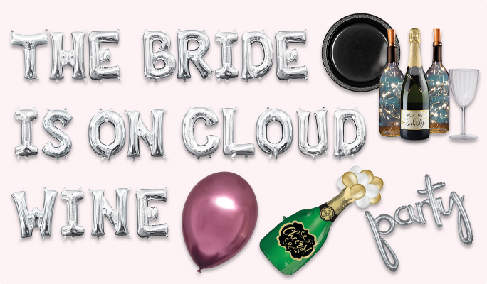 Silver letter balloons that read THE BRIDE IS ON CLOUD WINE,  a black plastic dinner plate, a champagne bottle cutout, three bottle cork fairy lights, a silver balloon banner that read PARTY, a atex balloon in the shape of a champagne bottle, a clear wine glass and a burgundy latex balloon.