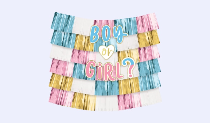 A pink, white and blue fringe backdrop decoration featuring a "Boy or Girl" message.