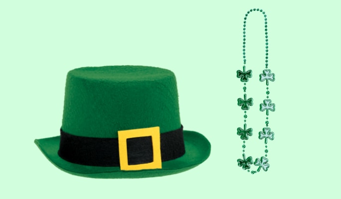 A green St. Patrick's Day felt top hat and a green shamrock bead necklace.